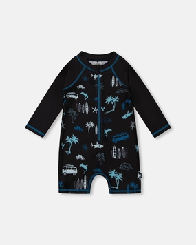 Printed Long Sleeve Rashguard Light Blue Beach On Black boys swimwear sets, boys swim trunks