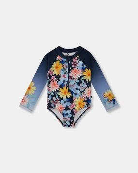 Printed Long Sleeve Rashguard Navy And Yellow And Pink Flowers cute swimsuits for teen girls, modest teen swimwear