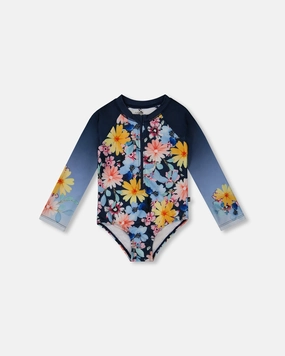 Printed Long Sleeve Rashguard Navy And Yellow And Pink Flowers cute swimsuits for teen girls, modest teen swimwear