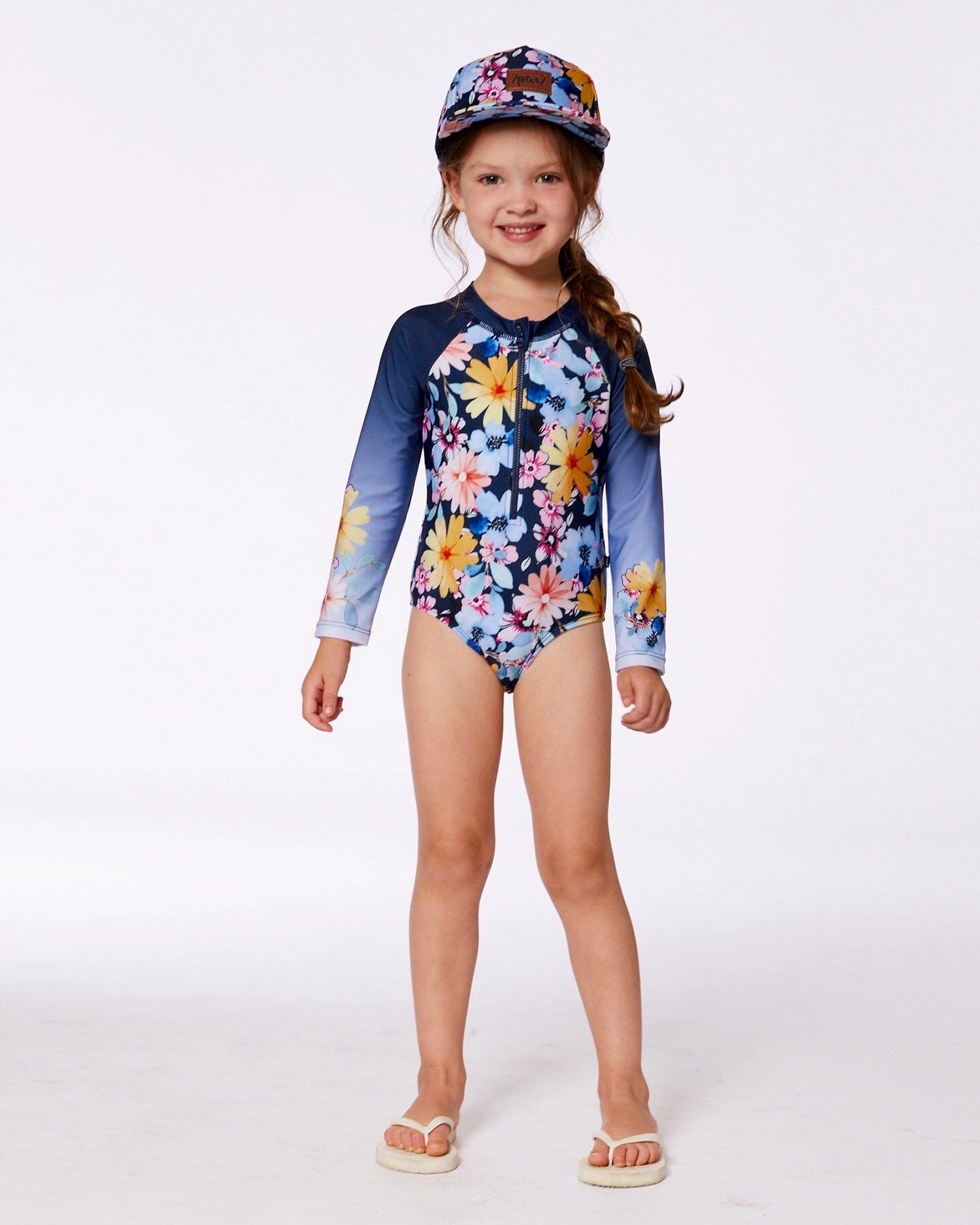 Printed Long Sleeve Rashguard Navy And Yellow And Pink Flowers