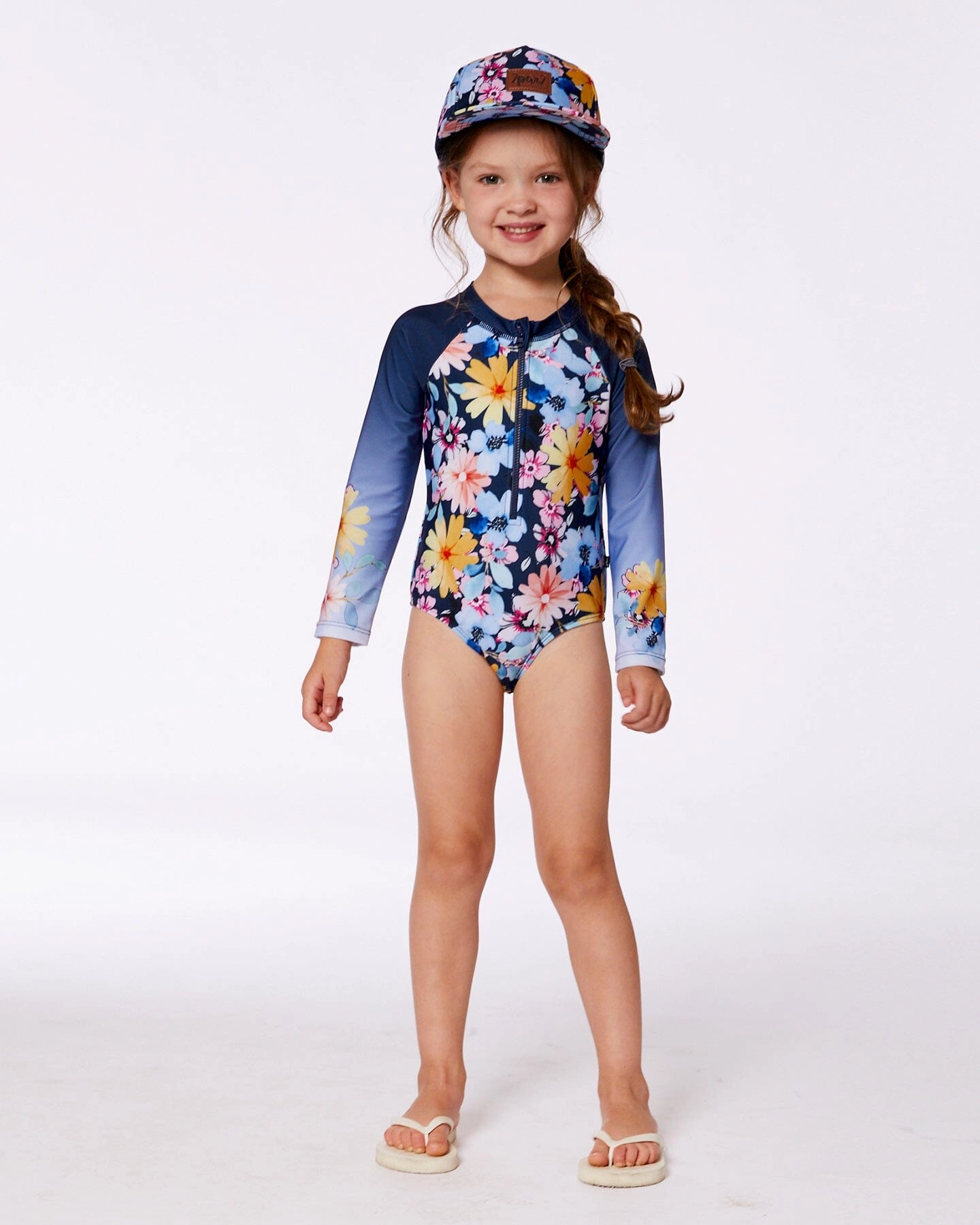 Printed Long Sleeve Rashguard Navy And Yellow And Pink Flowers