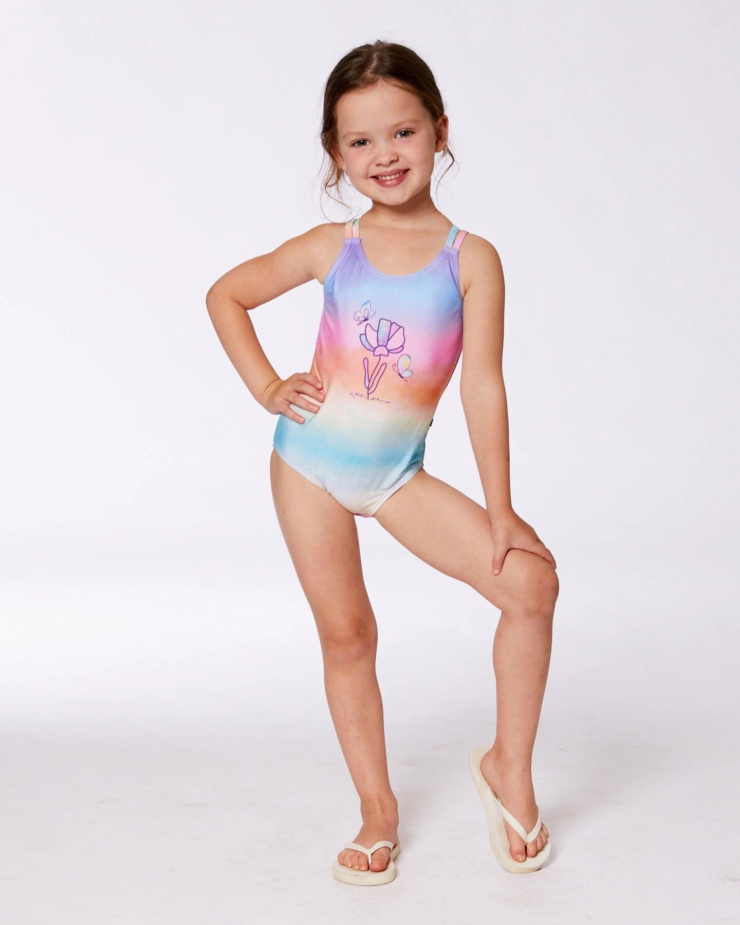 Printed One-Piece Swimsuit Flowers On Multicolored Background