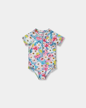 Printed Short Sleeve One-Piece Swimsuit With Frills White, Pink, And Green Flowers cute swimsuits for teen girls, modest teen swimwear