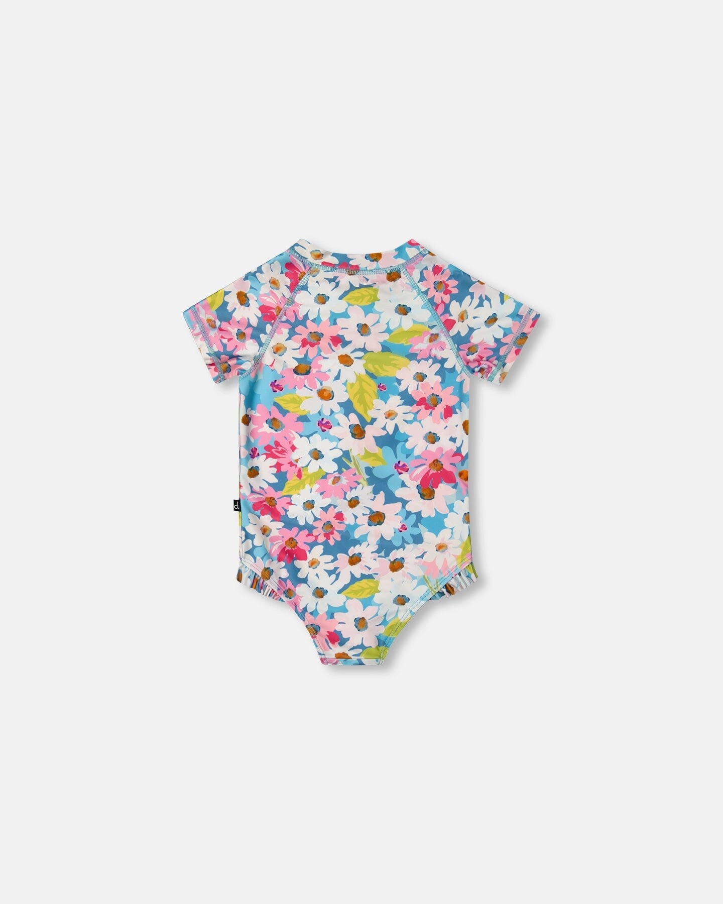Printed Short Sleeve One-Piece Swimsuit With Frills White, Pink, And Green Flowers