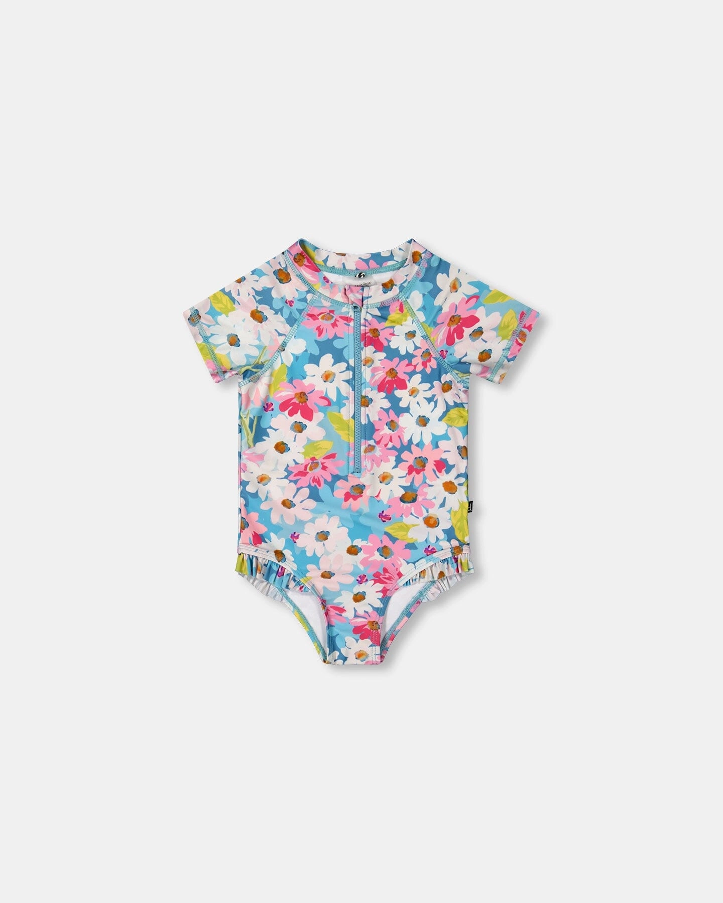 Printed Short Sleeve One-Piece Swimsuit With Frills White, Pink, And Green Flowers cute swimsuits for teen girls, modest teen swimwear