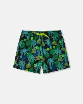 Printed Swim Trunks Green Jungle On Black boys swimwear sets, boys swim trunks