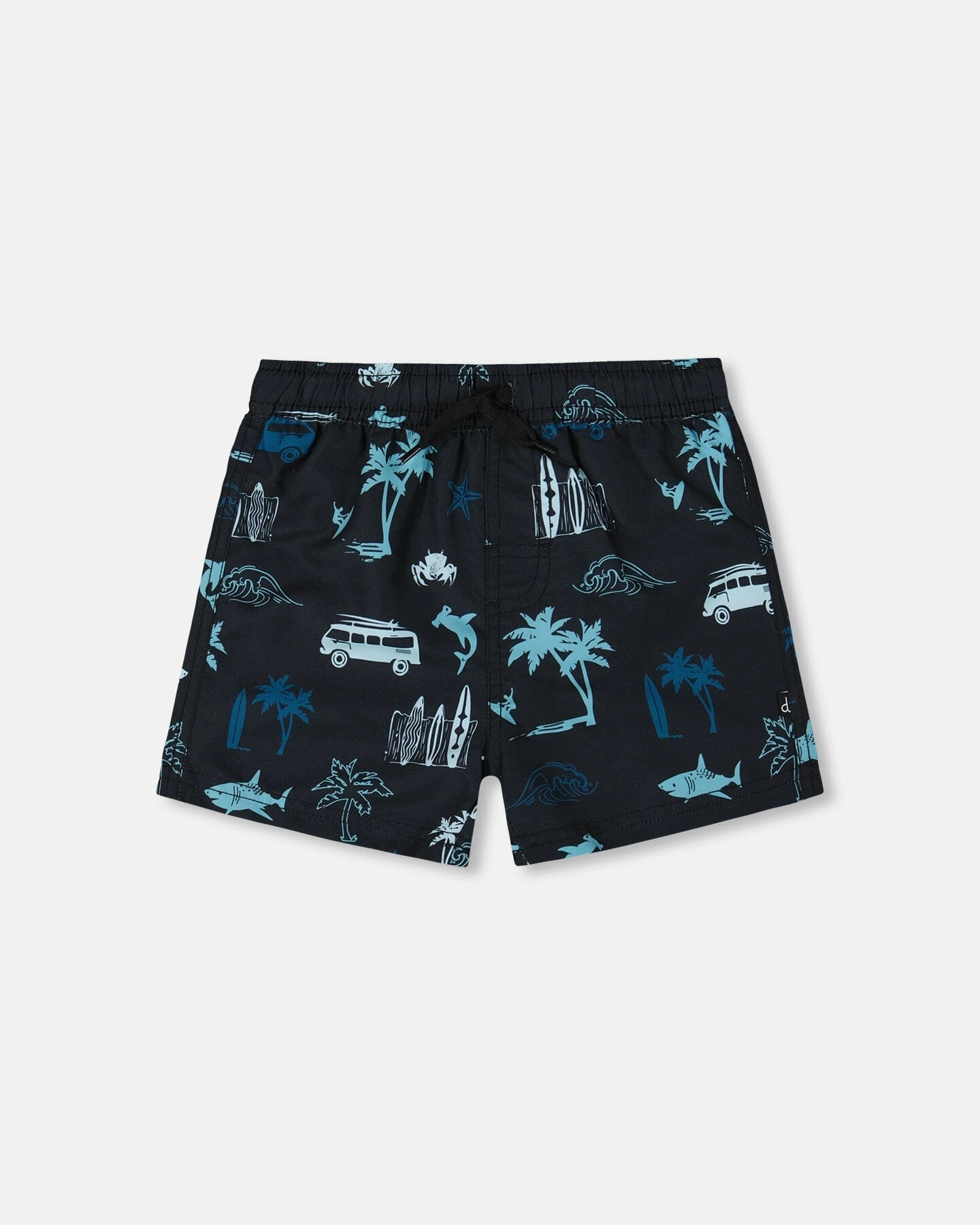 Printed Swim Trunks Light Blue Beach On Black boys swimwear sets, boys swim trunks