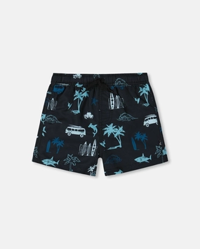 Printed Swim Trunks Light Blue Beach On Black boys swimwear sets, boys swim trunks