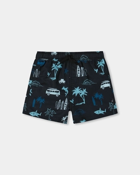 Printed Swim Trunks Light Blue Beach On Black boys swimwear sets, boys swim trunks