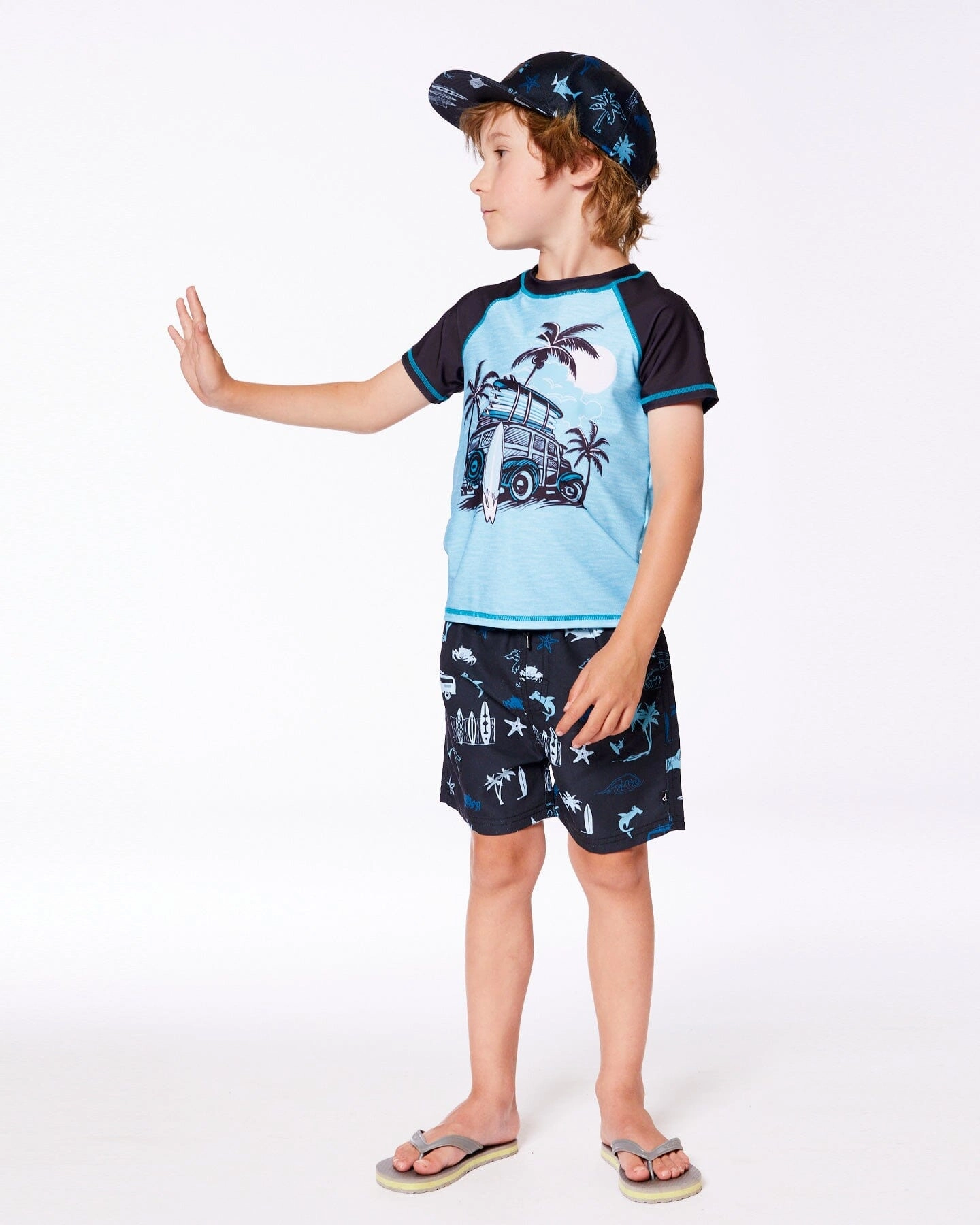 Printed Swim Trunks Light Blue Beach On Black