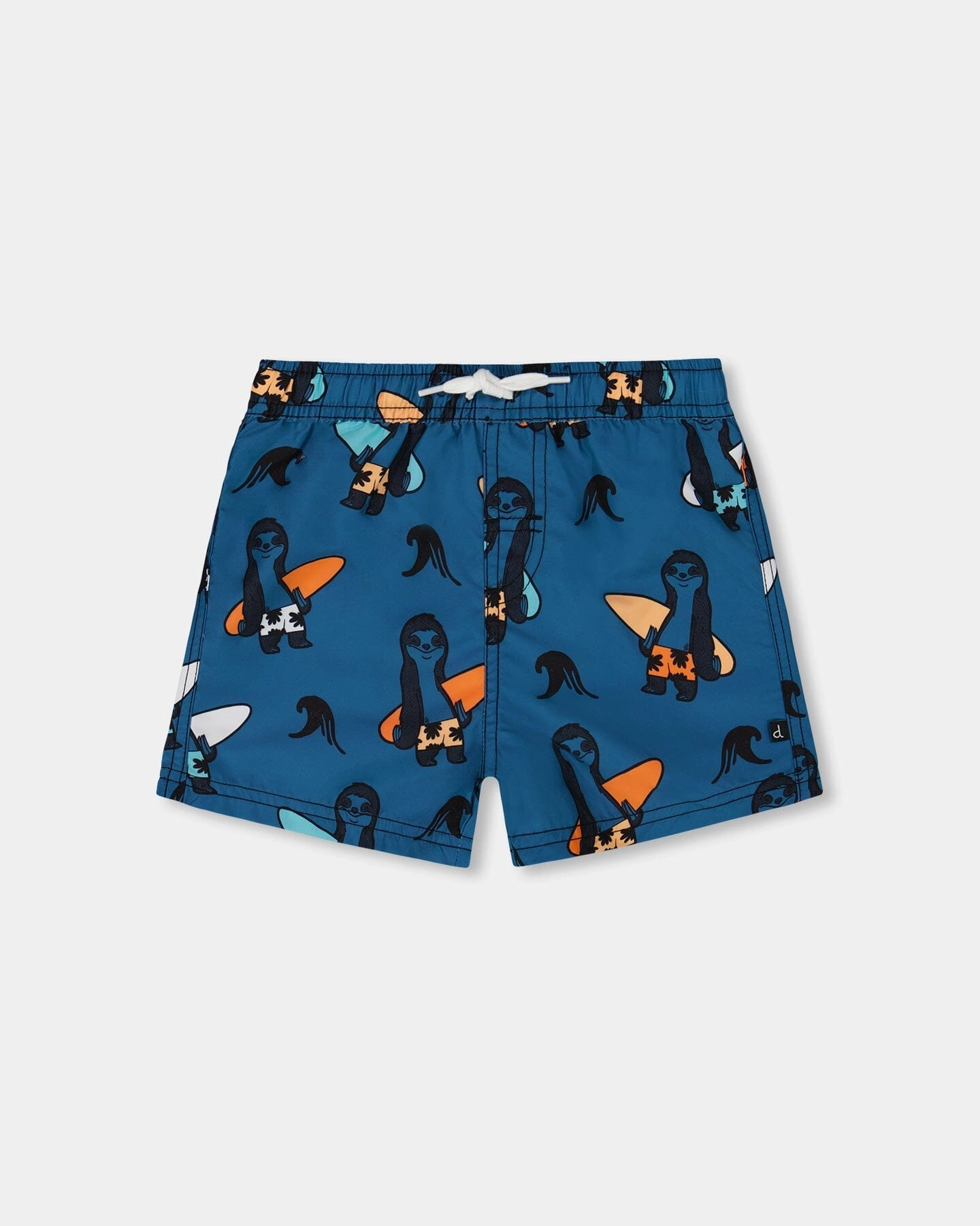 Printed Swim Trunks Orange Sloths On Navy Blue boys swimwear sets, boys swim trunks
