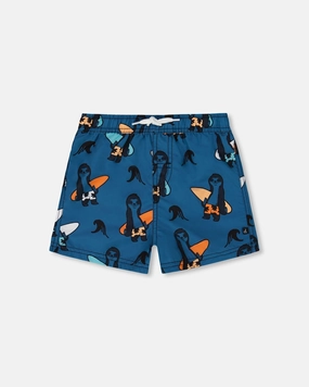 Printed Swim Trunks Orange Sloths On Navy Blue boys swimwear sets, boys swim trunks
