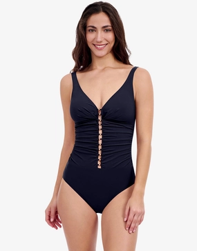 Profile Tutti Frutti D Cup V Neck Ladder Swimsuit - Black womens resort swimwear, flattering one-piece swimsuits