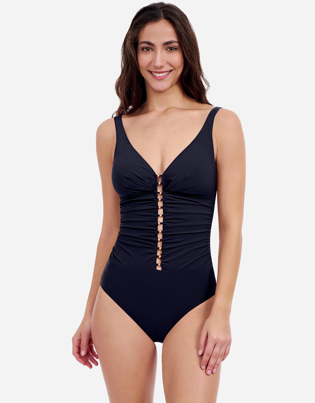 Profile Tutti Frutti D Cup V Neck Ladder Swimsuit - Black padded swimwear for women, padded bikini tops