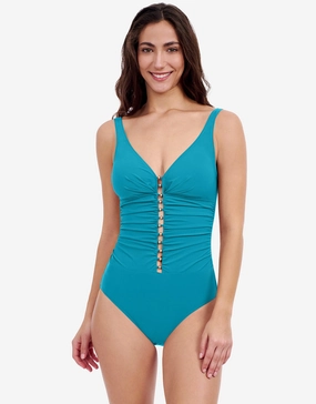 Profile Tutti Frutti D Cup V Neck Ladder Swimsuit - Jade padded swimwear for women, padded bikini tops