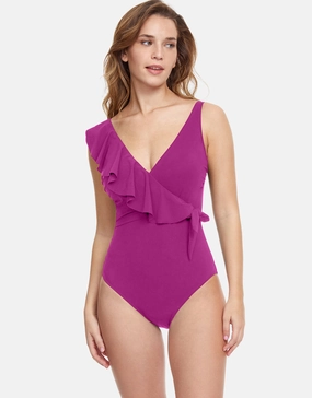Profile Tutti Frutti Ruffle Surplice Swimsuit - Warm Violet padded swimwear for women, padded bikini tops