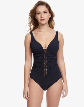 Profile Twist D Cup Plunge V Neck Swimsuit - Black tummy control swimwear women, slimming swimsuits