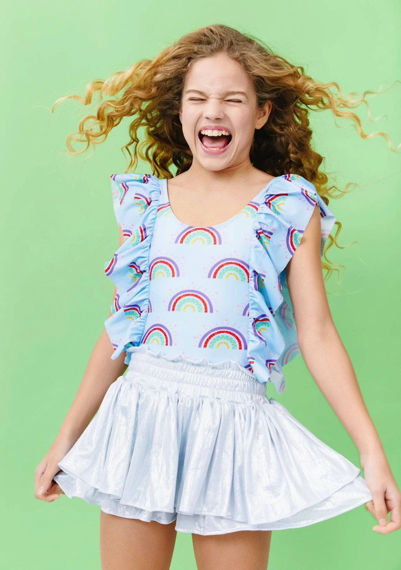 Rainbow Ruffle Swimsuit cute swimsuits for teen girls, modest teen swimwear