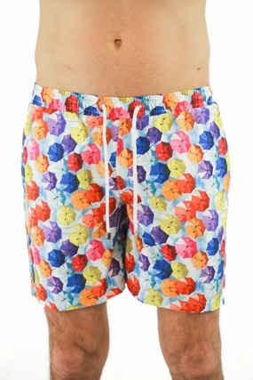 Rainbow Umbrella Swim Trunks mens beach swimwear, quick dry mens swimsuits