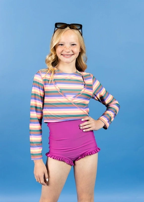 Retro Stripe | Youth Wrap Top Rashguard cute girls swimsuits, stylish swimwear for girls
