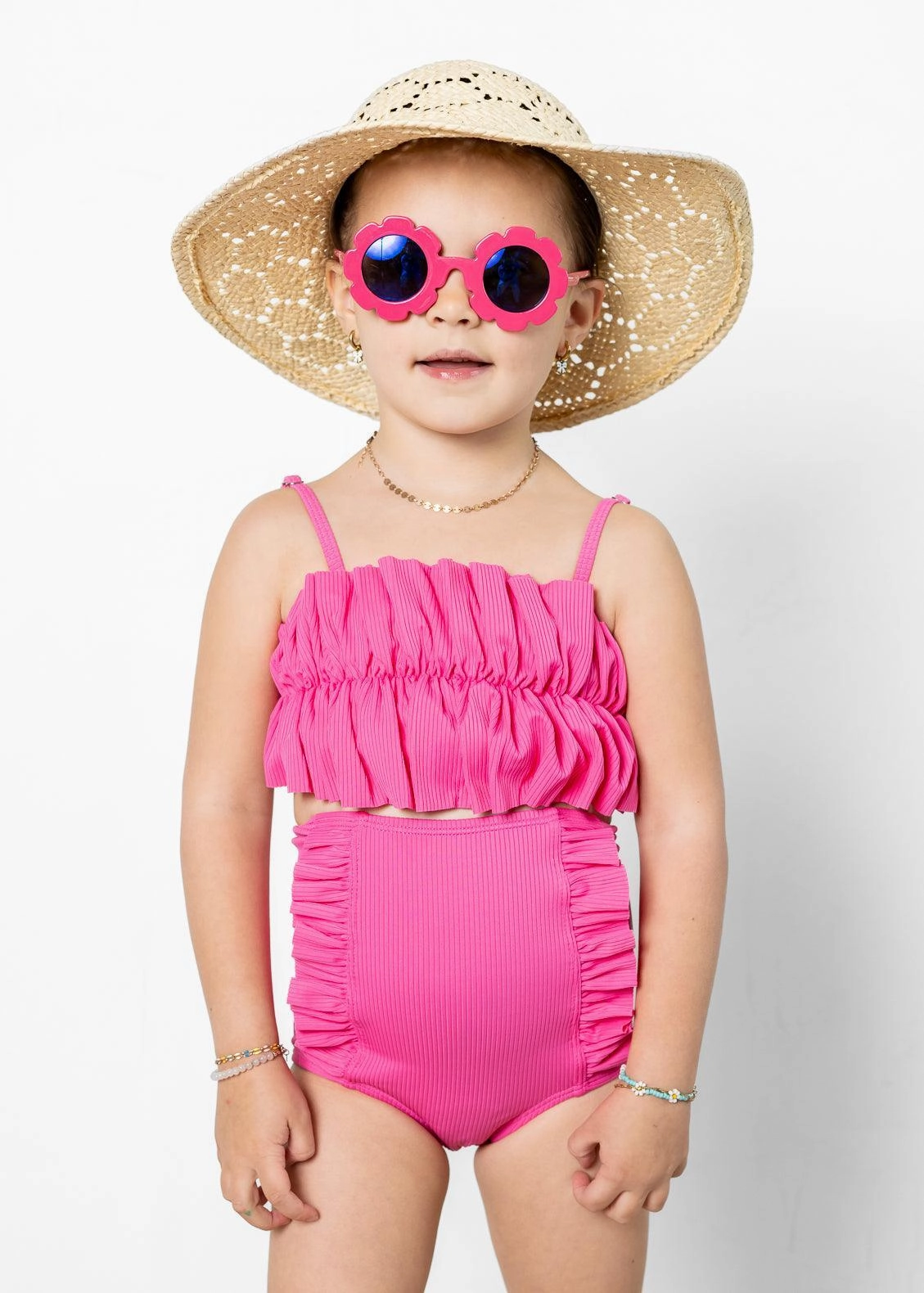Ribbed Azalea Pink | Mini Oversized Ruffle Top cute girls swimsuits, stylish swimwear for girls