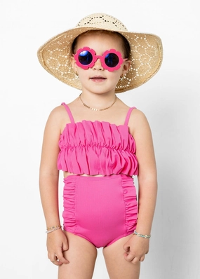 Ribbed Azalea Pink | Mini Oversized Ruffle Top cute girls swimsuits, stylish swimwear for girls