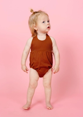 Ribbed Caramel | Baby Romper One-Piece cute girls swimsuits, stylish swimwear for girls