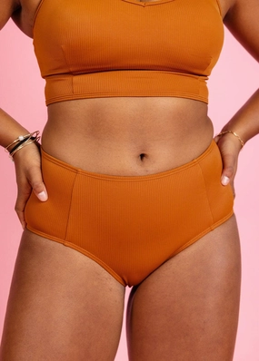 Ribbed Caramel | Mid-Rise Bottoms elastic waistband swim bottoms, mix-and-match bikini bottoms