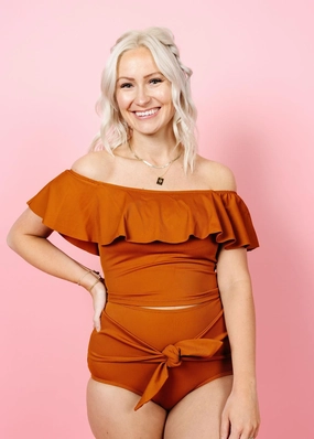 Ribbed Caramel | Tie-Up-Front Bottoms elastic waistband swim bottoms, mix-and-match bikini bottoms