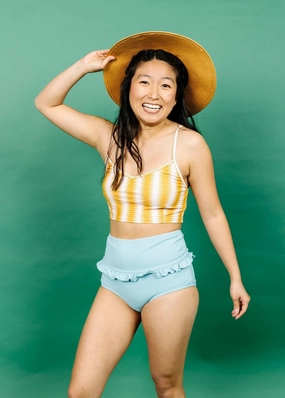 Ribbed Dusty Light Blue | Mid-Ruffle Bottoms elastic waistband swim bottoms, mix-and-match bikini bottoms