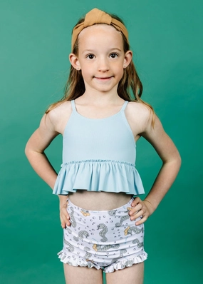 Ribbed Dusty Light Blue | Mini Peplum Top cute girls swimsuits, stylish swimwear for girls