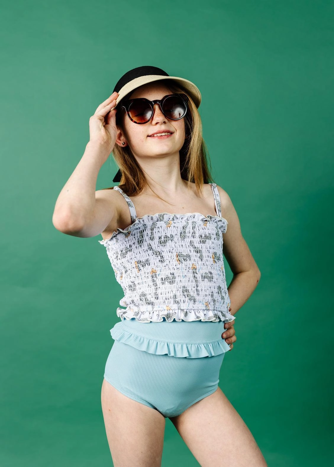Ribbed Dusty Light Blue | Youth Mid-Ruffle Bottoms cute girls swimsuits, stylish swimwear for girls