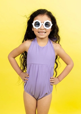 Ribbed Dusty Purple | Mini Romper One-Piece cute girls swimsuits, stylish swimwear for girls