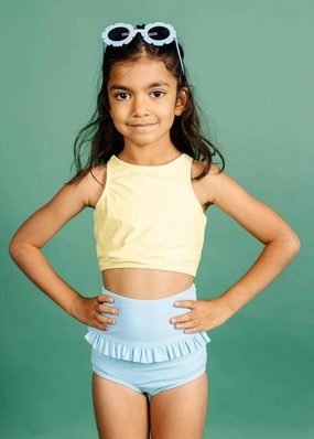 Ribbed Fresh Blue | Mini Mid-Ruffle Bottoms cute girls swimsuits, stylish swimwear for girls