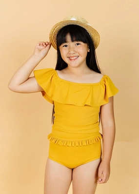 Ribbed Golden | Youth Mid-Ruffle Bottoms cute girls swimsuits, stylish swimwear for girls
