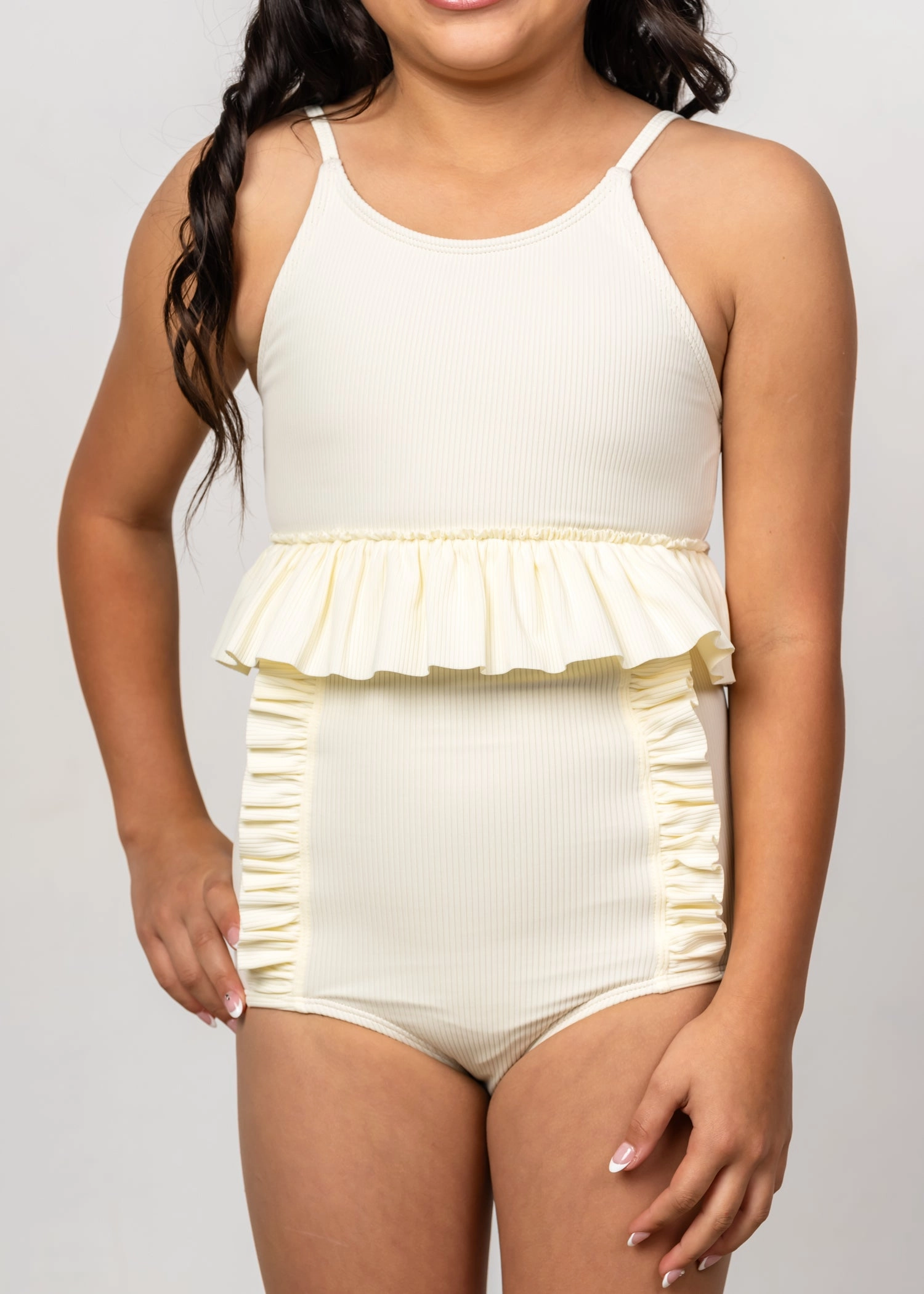 Ribbed Ivory | Youth Down in Front Ruffle Bottoms cute girls swimsuits, stylish swimwear for girls