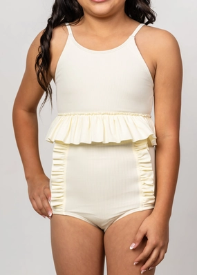 Ribbed Ivory | Youth Down in Front Ruffle Bottoms cute girls swimsuits, stylish swimwear for girls