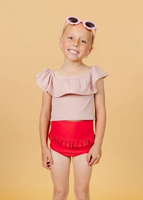 Ribbed Light Mauve | Mini Ruffled Around Top cute girls swimsuits, stylish swimwear for girls