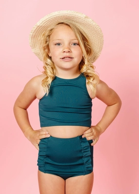 Ribbed Midnight Teal | Mini Racer Back Top cute girls swimsuits, stylish swimwear for girls
