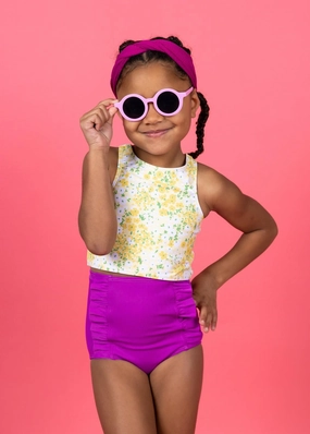 Ribbed Purple | Mini Down in Front Ruffle Bottoms cute girls swimsuits, stylish swimwear for girls