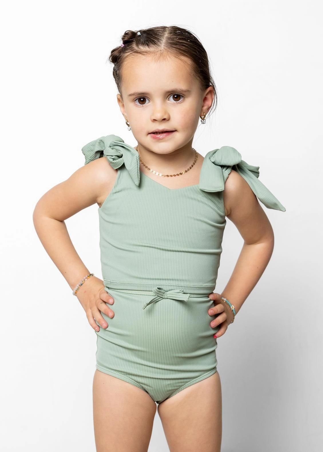 Ribbed Sage | Mini Bow Bottoms cute girls swimsuits, stylish swimwear for girls