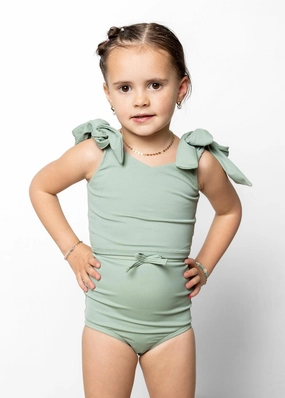 Ribbed Sage | Mini Bow Bottoms cute girls swimsuits, stylish swimwear for girls