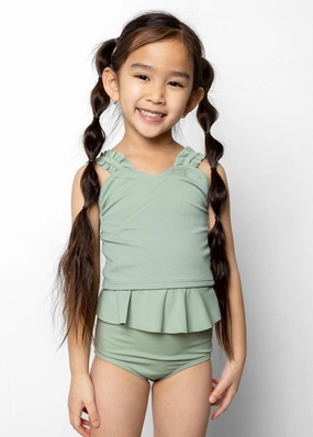 Ribbed Sage | Mini Peplum Bottoms cute girls swimsuits, stylish swimwear for girls