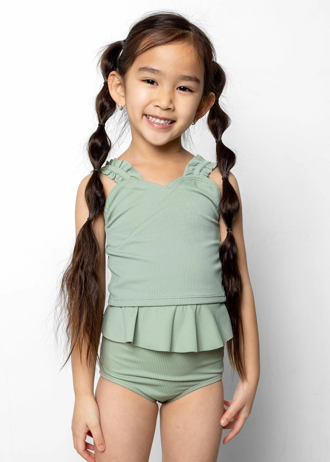 Ribbed Sage | Mini Peplum Bottoms cute girls swimsuits, stylish swimwear for girls