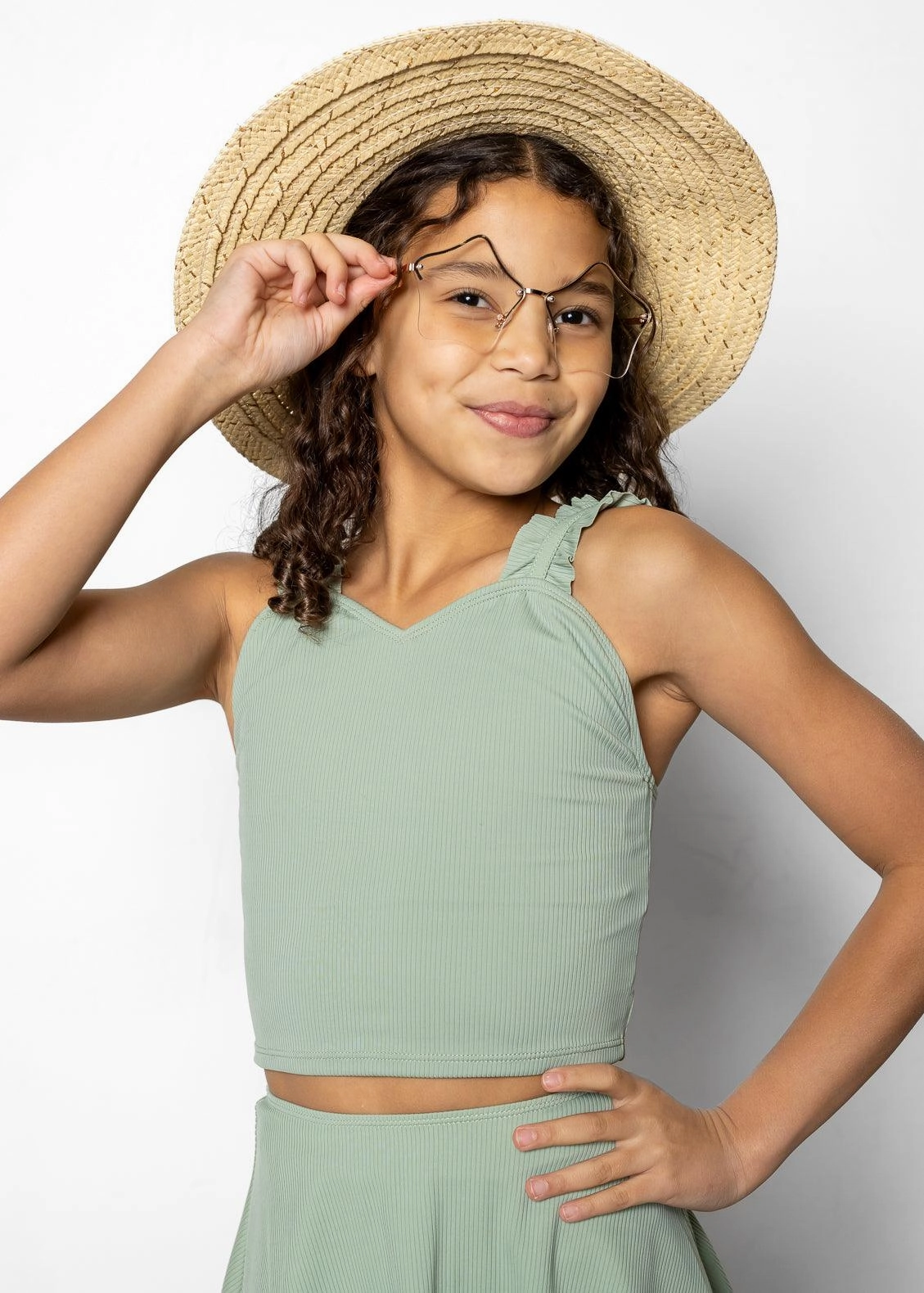 Ribbed Sage | Youth Ripple Top cute girls swimsuits, stylish swimwear for girls