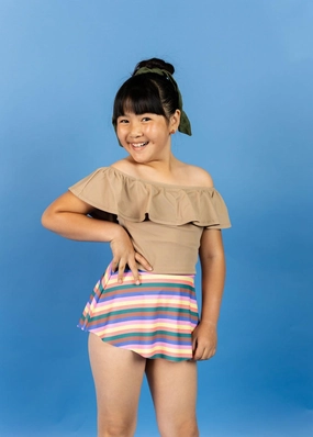 Ribbed Sand Brown | Youth Ruffled Around Top cute girls swimsuits, stylish swimwear for girls