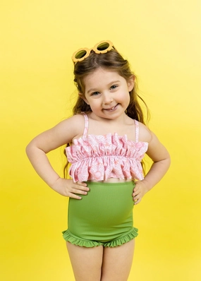 Ribbed Spring Green | Mini All Ruffled Up Bottoms cute girls swimsuits, stylish swimwear for girls