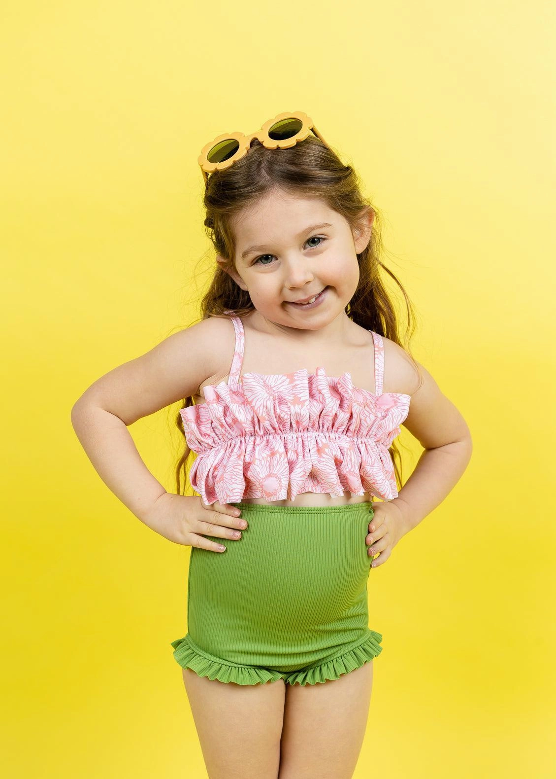 Ribbed Spring Green | Mini All Ruffled Up Bottoms cute girls swimsuits, stylish swimwear for girls