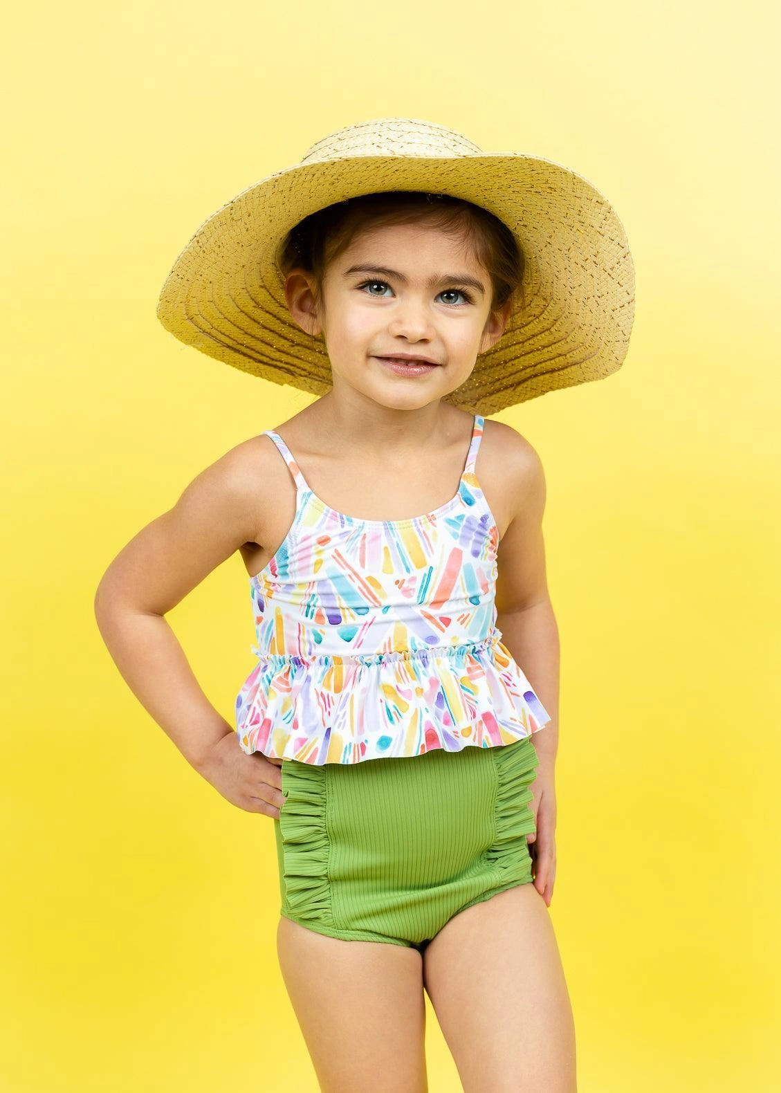 Ribbed Spring Green | Mini Down in Front Ruffle Bottoms cute girls swimsuits, stylish swimwear for girls