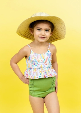 Ribbed Spring Green | Mini Down in Front Ruffle Bottoms cute girls swimsuits, stylish swimwear for girls